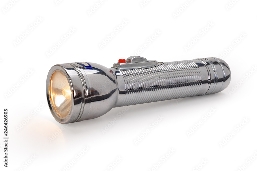 Old metal flashlight isolated on white background, contains clipping path - obrazy, fototapety, plakaty 
