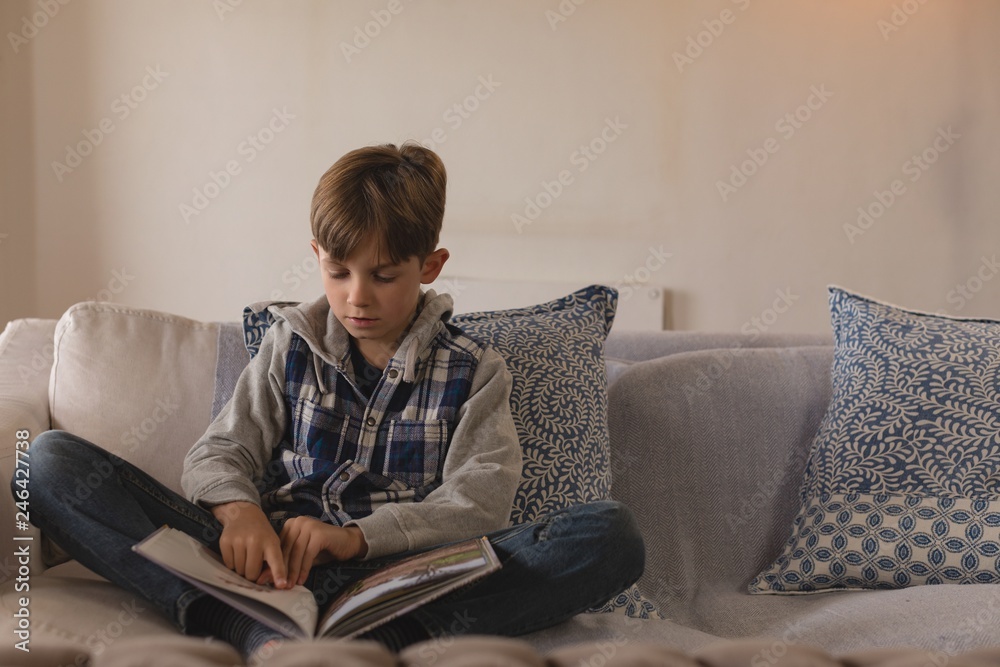 Boy reading a story book in living room