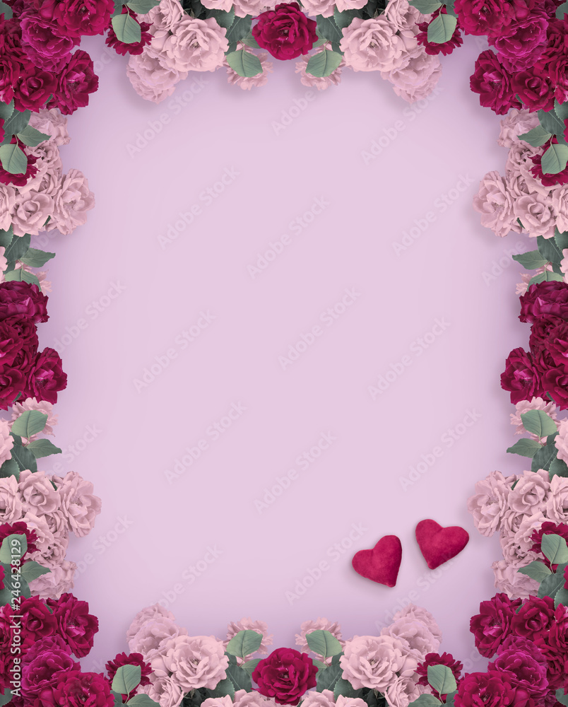Floral frame with rose flowers and two hearts for Valentines day isolated on violet background and place for your photo or text