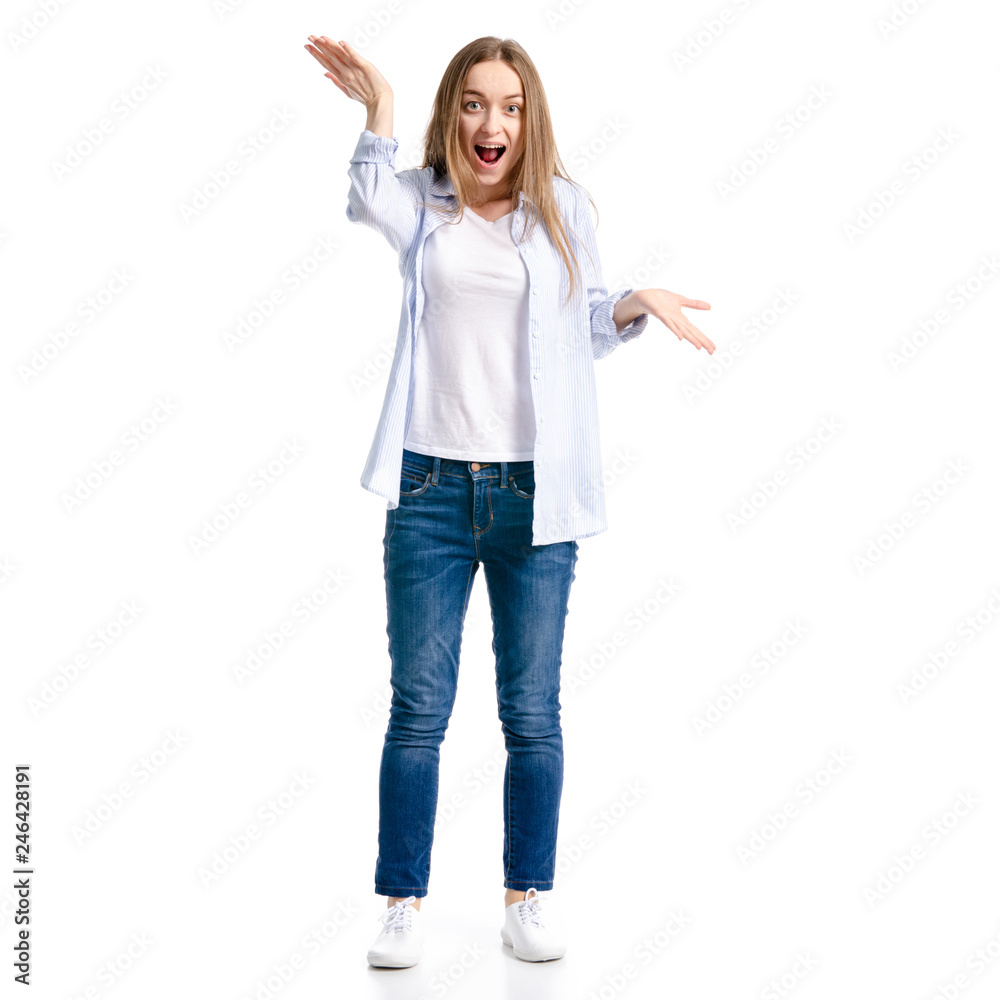 Woman in jeans and blue shirt smile happy surprise on white background isolation Woman in jeans and blue shirt smile happy surprise on white background isolation