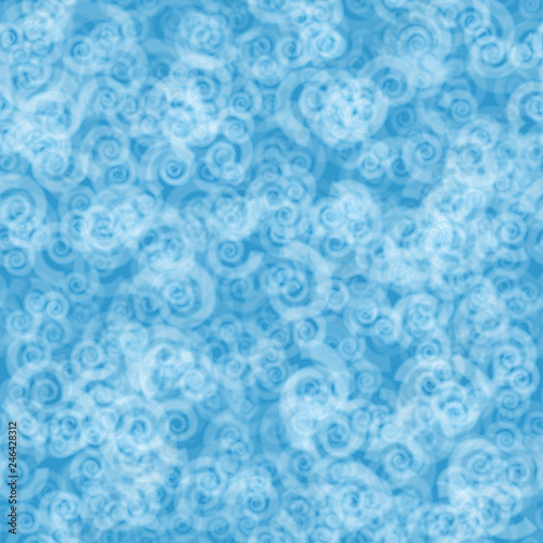 Abstract seamless pattern of randomly distributed translucent spirals in light blue colors