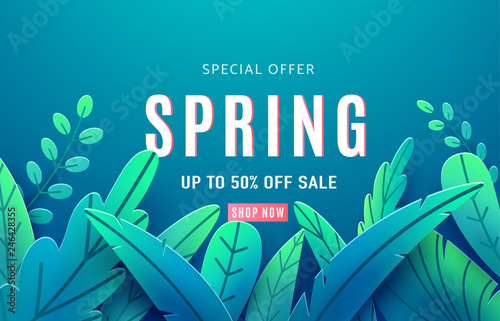 Spring sale background banner with beauty fantasy leaves. Paper cut style isolated on light backdrop. Vector illustration springtime template for flyers, posters, brochure, wallpaper, voucher discount
