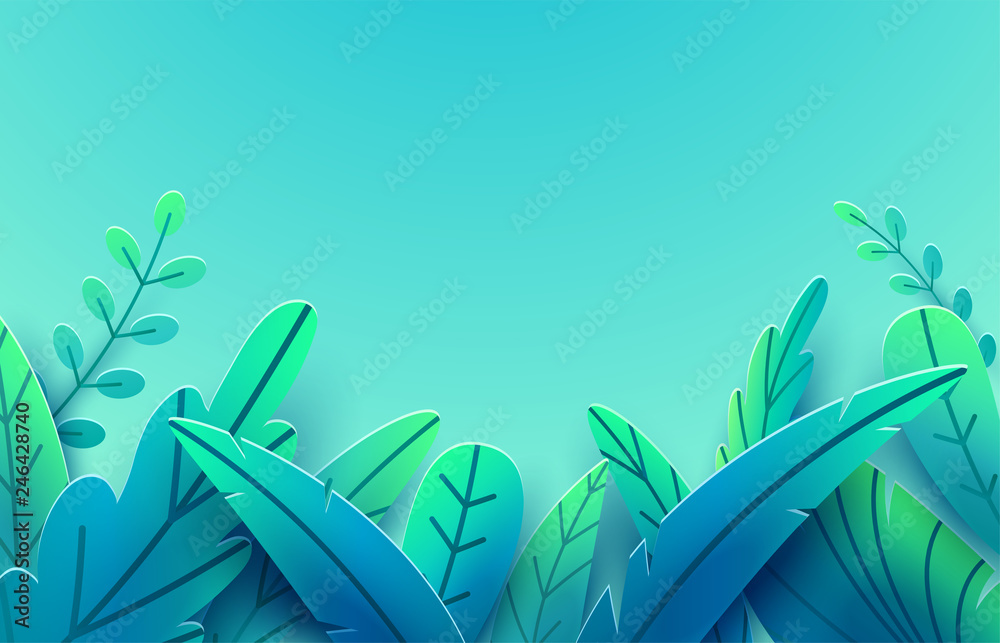 Paper spring leaves vector border background. Paper cut style. Fantasy floral leaf art illustration. Springtime concept template. Easter decoration elements