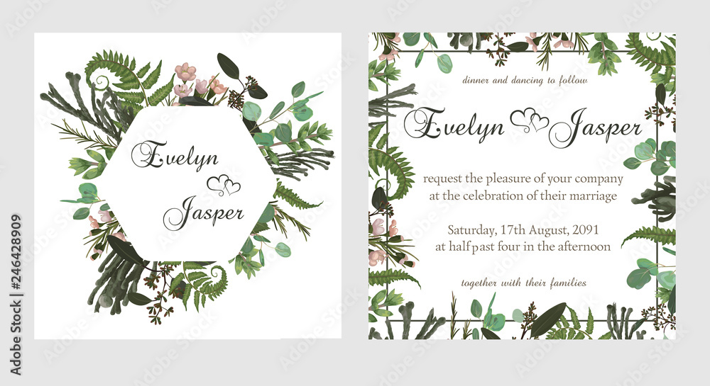 Set for wedding invitation, greeting card, save date, banner. Fern leaf, boxwood, brunia and eucalyptus. Square, round. Vector elegant watercolor rustic, template