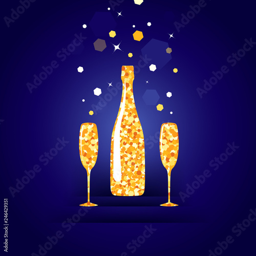 Gold bottle and two glasses of champagne on dark blue background. 