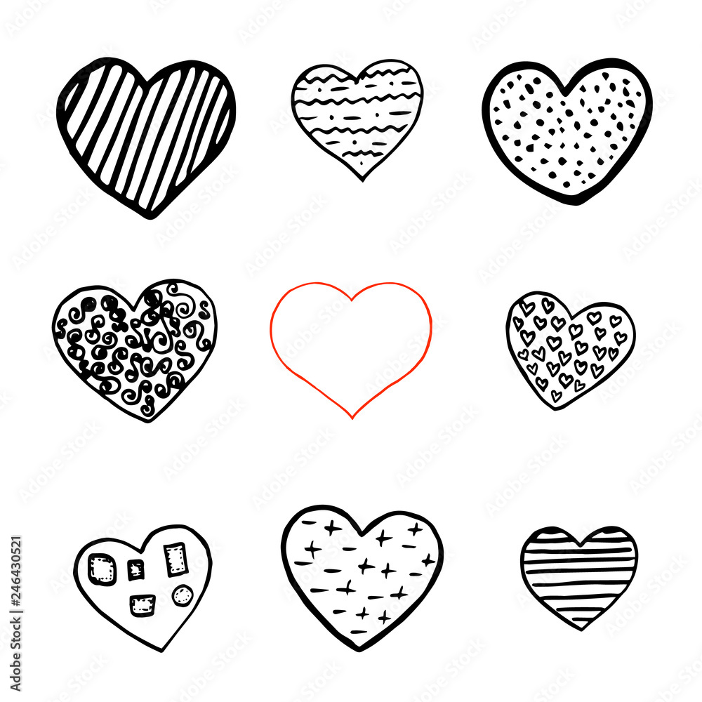 Black and red hand drawn hearts on white background. Vector design element for Valentine s day.