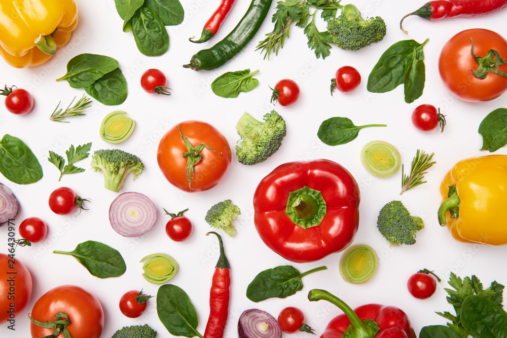 Flat lay with fresh organic vegetables on white background Flat lay with fresh organic vegetables on white background
