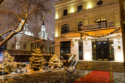 Street cafe at the winter night in Moscow, Russia