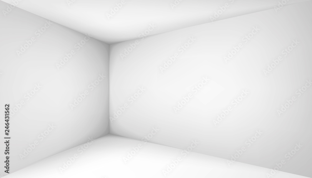 Empty white room. The inner space of the box. Corner of light box with