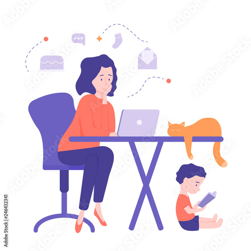 Cute young mom freelancer works at home at the computer. Thinks of work and home affairs. Under the table, a child reads a book. On the table lies a cute cat. Illustration isolated on white background