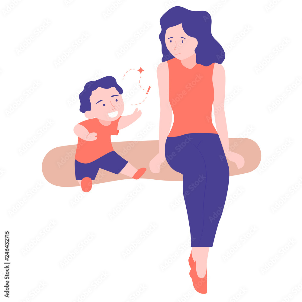 A young mother and her son are talking on the bench. The child emotionally tells the story. Family communication. Trendy illustration on a white background. A young mother and her son are talking on the bench. The child emotionally tells the story. Family communication. Trendy illustration on a white background.