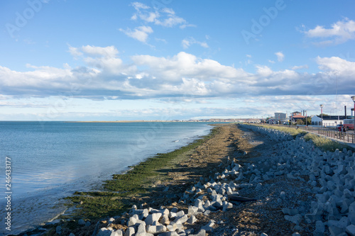 Seaside coast on a sunny, cold, windy day in Río Grande, Tierra del Fuego, Patagonia Argentina