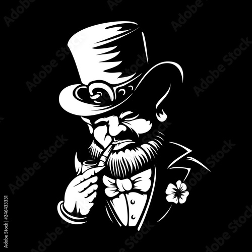 Leprechaun engraved vector logo or label illustration for Saint Patrick's Day etching linocut style Dwarf traditional Irish folklore Celtic mythology with hat shamrock and pipe on black background