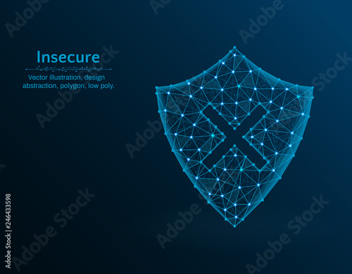 Insecure low poly vector illustration, shield and cross icon on blue background, abstract design illustration