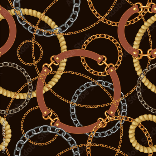 Seamless pattern with belts and gold and silver chains for fabric design, wallpapers, prints. Vector background with metallic accessories. 