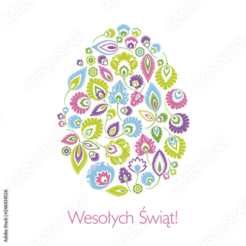 Wesołych Świąt – kartka wielkanocna z tradycyjną wycinanką łowicką na białym tle