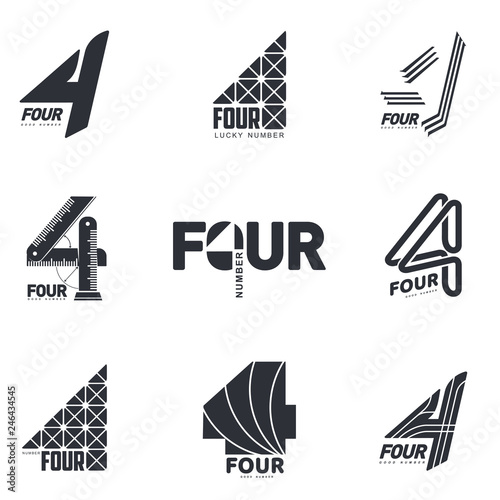 Set of number four logo templates. One color graphic number one logo templates, corporate identity, vector illustrations isolated on white background.