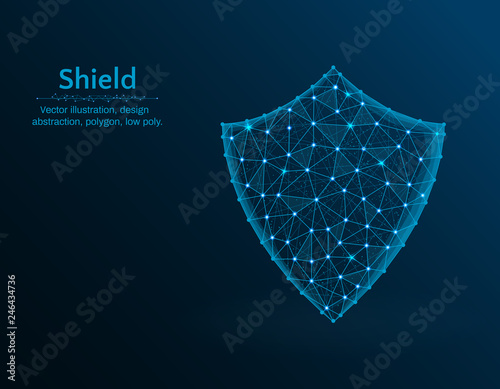 Shield vector low poly illustration, protection polygon icon on blue background, abstract design illustration