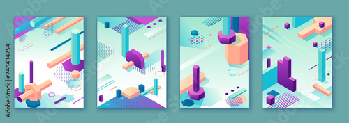 Abstract violet green isometric posters set in trendy purple color with geometric 3d shapes, brochure collection, futuristic background, colorful bright vector illustration, cover, print
