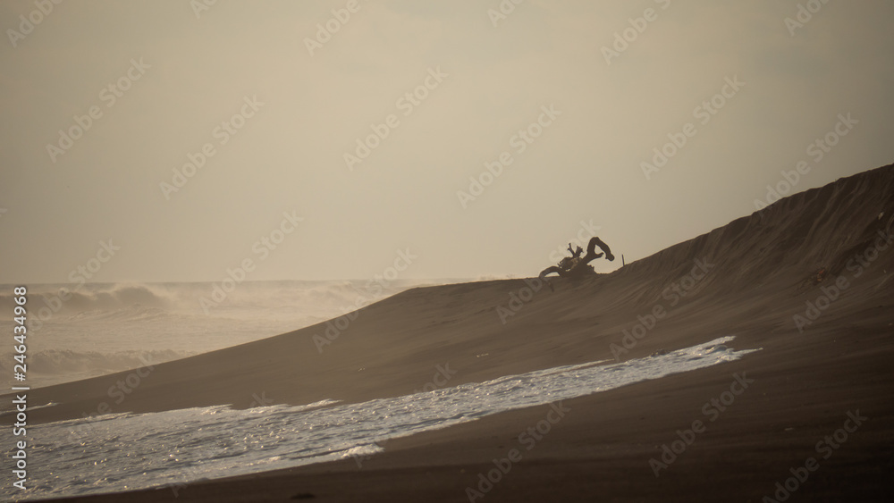 sandy beach near ocean with big waves at sunset time in tropical resort, Yogyakarta, Indonesia. seascape, ocean and beautiful beach. Travel concept. Indonesia, java sandy beach near ocean with big waves at sunset time in tropical resort, Yogyakarta, Indonesia. seascape, ocean and beautiful beach. Travel concept. Indonesia, java