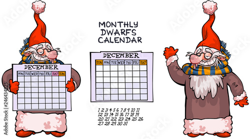 Cartoon dwarf character with monthly calendar panel- two options for week arrangement. all in separated layers for easy editing.