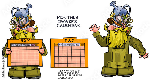 Cartoon dwarf character with monthly calendar panel- two options for week arrangement. all in separated layers for easy editing.