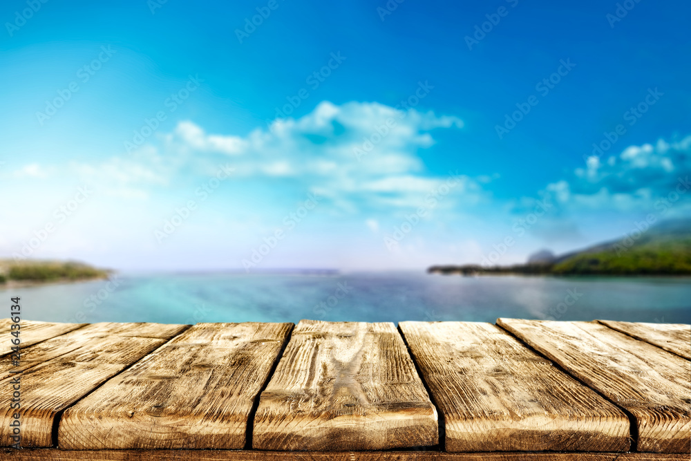 Fototapeta premium Table background of free space and summer landscapre of sea and sky