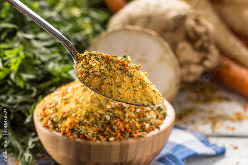 Fototapeta Naklejka Na Ścianę i Meble -  Seasoning spices condiment vegeta from dehydrated carrot parsley celery parsnips and salt with or without glutamate