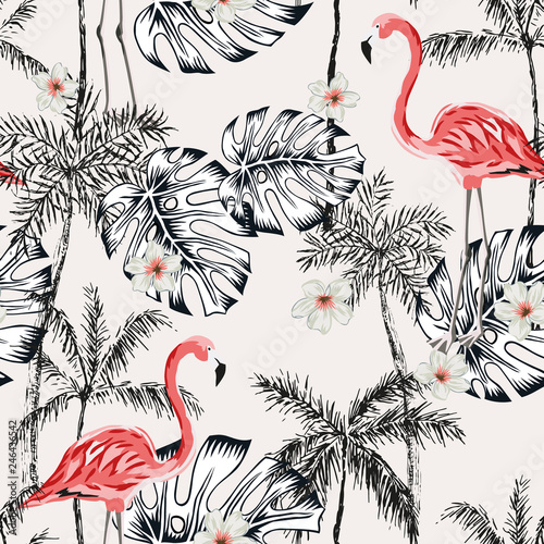 Pink flamingo, monstera leaves, palm trees, plumeria flowers, light background. Vector floral seamless pattern. Tropical illustration. Exotic plants and birds. Summer beach design. Paradise nature