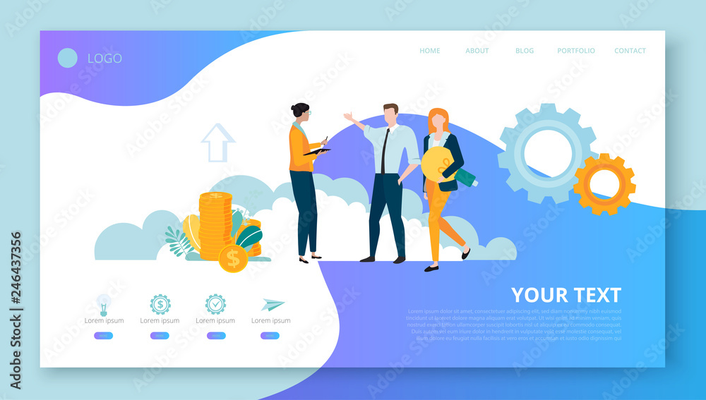 Landing page for site or web page template for business projects with people, money and space for text. Landing page for site or web page template for business projects with people, money and space for text.