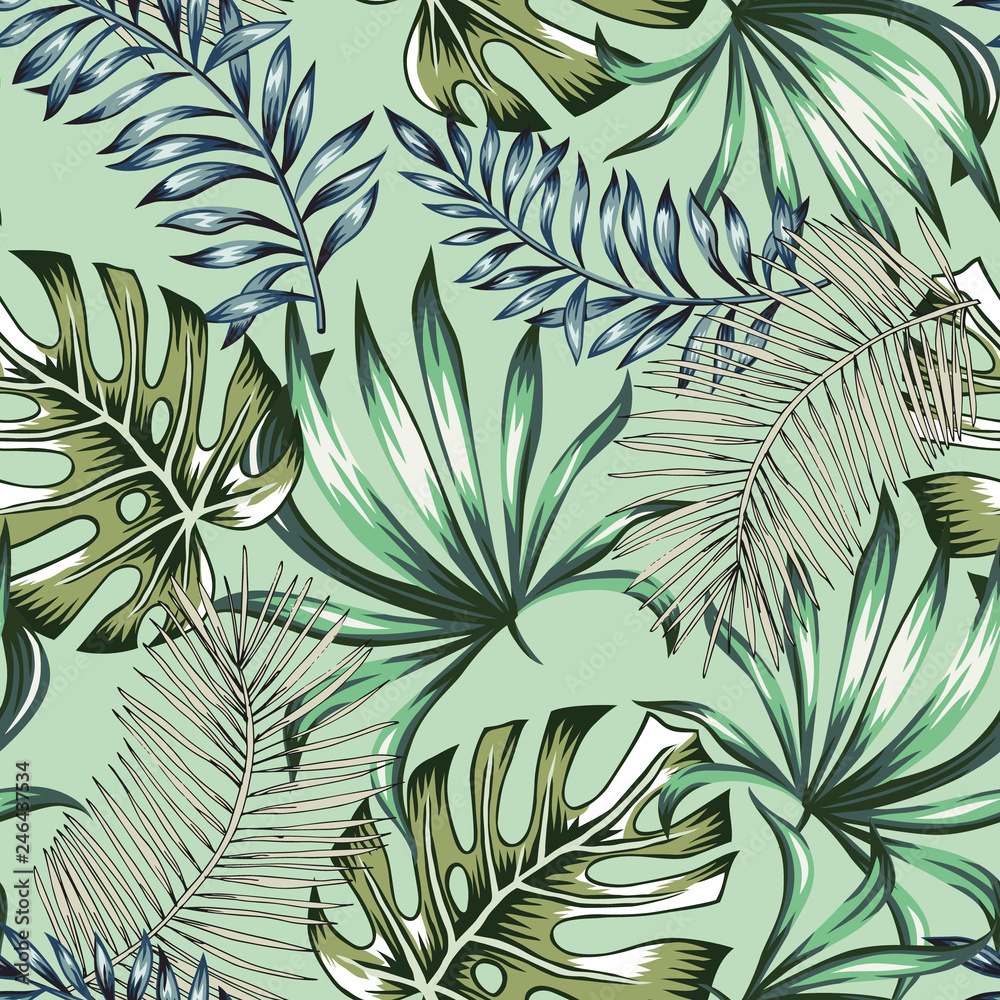 Tropical palm leaves, mint green background. Vector seamless pattern. Jungle foliage illustration. Exotic plants. Summer beach floral design. Paradise nature