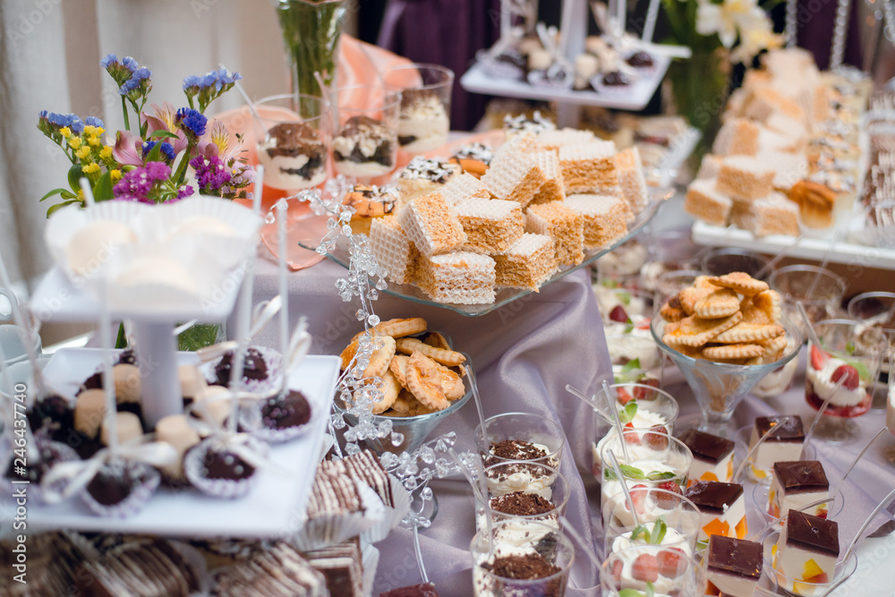 Buffet table with sweets and desserts on the table. Wedding candy bar with delicious cupcakes, cake pops, biscuits, flowers.