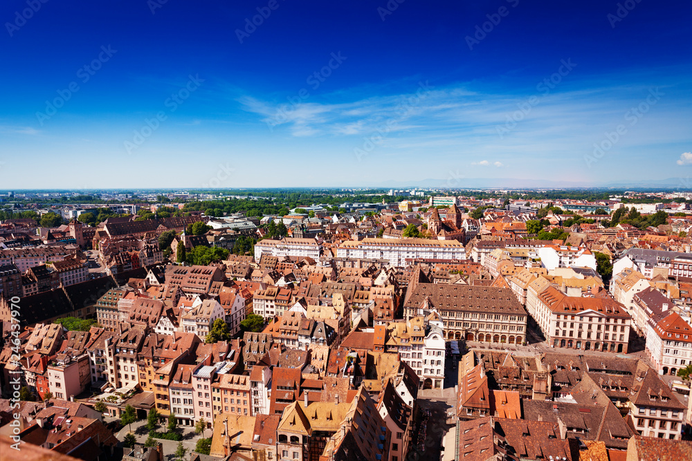 Cityscape of Strasbourg and Ill river from above