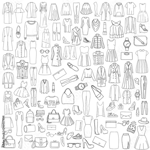 Vector illustration of a black and white pattern set of clothes - outerwear, shoes, accessories.
