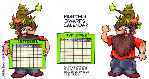 Cartoon dwarf character with monthly calendar panel- two options for week arrangement. all in separated layers for easy editing.