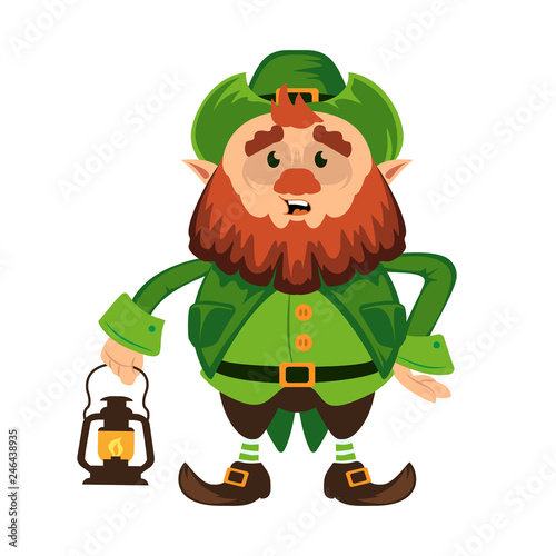 Leprechaun cartoon character or funny green dwarf vector illustration for Saint Patrick Day 17 march traditional Irish folklore Celtic mythology culture with hat and lantern on white background