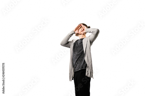 stylish man shows hands gesture hears nothing on white background