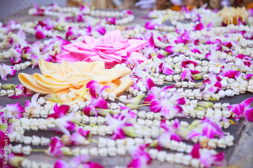 Baai Sri Trays and Flower Garlands offering in Thai Buddhism Brahman ceremony to console people’s life spirit to return to body, and be expression of congratulation, joy, and appeasement for owner