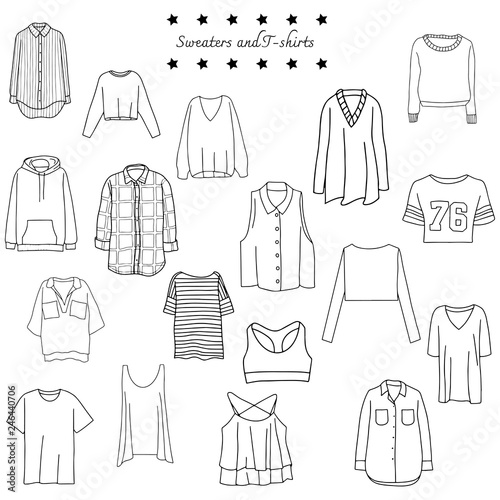 Vector illustration of black and white set of shirts, sweaters, sweaters