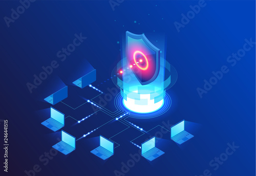 Isometric Protection network security and safe your data concept. Web page design templates Cybersecurity. Digital crime by an anonymous hacker. Vector illustration