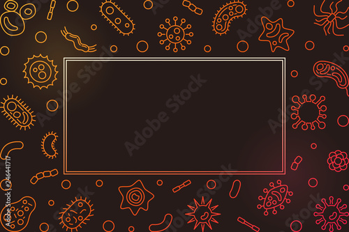Bright horizontal frame with microorganism outline icons. Vector virology illustration in linear style on dark background