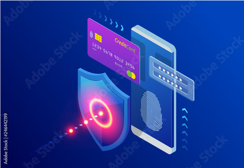 Isometric Protection network security and safe your data concept. Web page design templates Cybersecurity. Digital crime by an anonymous hacker. Vector illustration