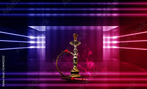 Smoking hookah on the background of an empty room. Multicolored neon light. Searchlight, laser blue and pink rays, smoke.