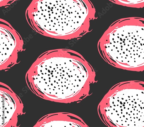Hand drawn abstract vector seamless pattern of tropical exotic fruit pitaya.Dragon fruit pitahaya illustration.Bright desert abstract drawing.Tropical vegeterian food on black background