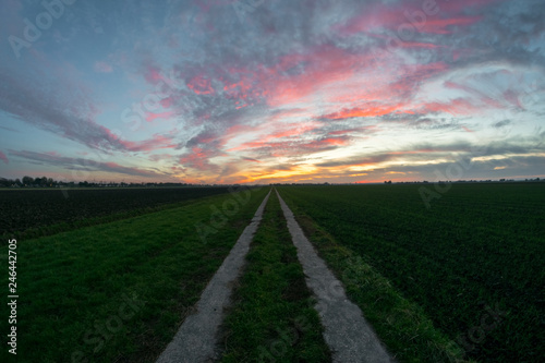 Beautifully colored sunset over a desolate road in the western part of Holland