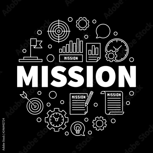 Mission outline illustration. Vector business linear icons in circle shape on dark background