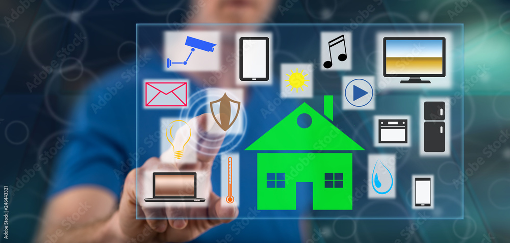Man touching a smart home concept Man touching a smart home concept