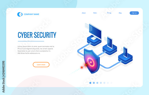 Isometric Protection network security and safe your data concept. Web page design templates Cybersecurity. Digital crime by an anonymous hacker. Vector illustration