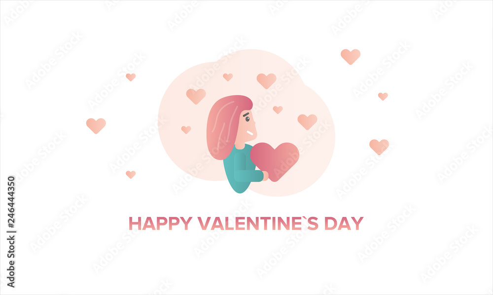 Fototapeta premium Happy Valentines Day. Girl in love holding a heart. Character flat illustration. Cartoon vector
