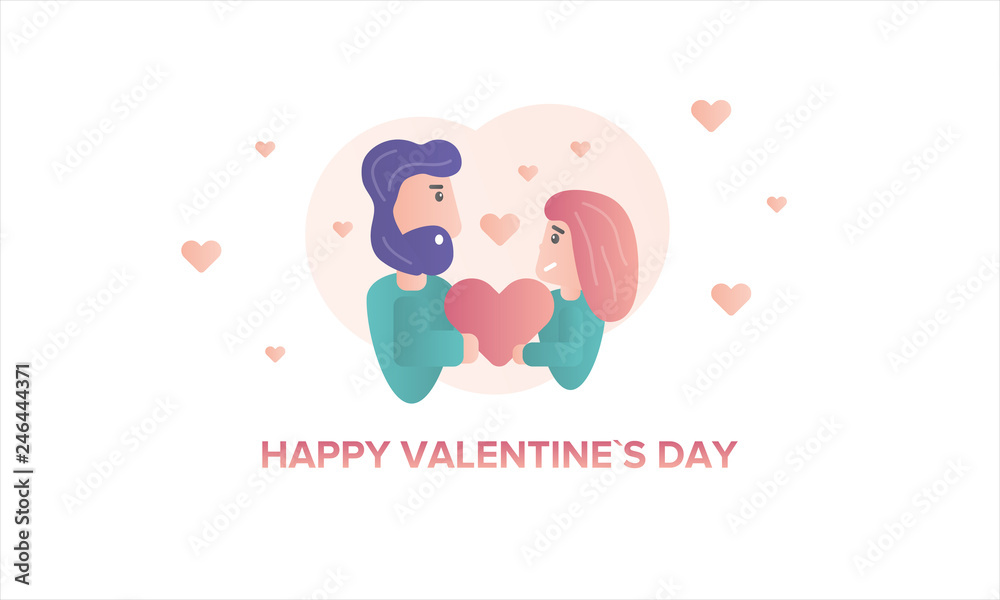 Happy Valentines Day. A pair of lovers, a man and a girl, holding a heart in their hands. Character flat illustration. Cartoon vector